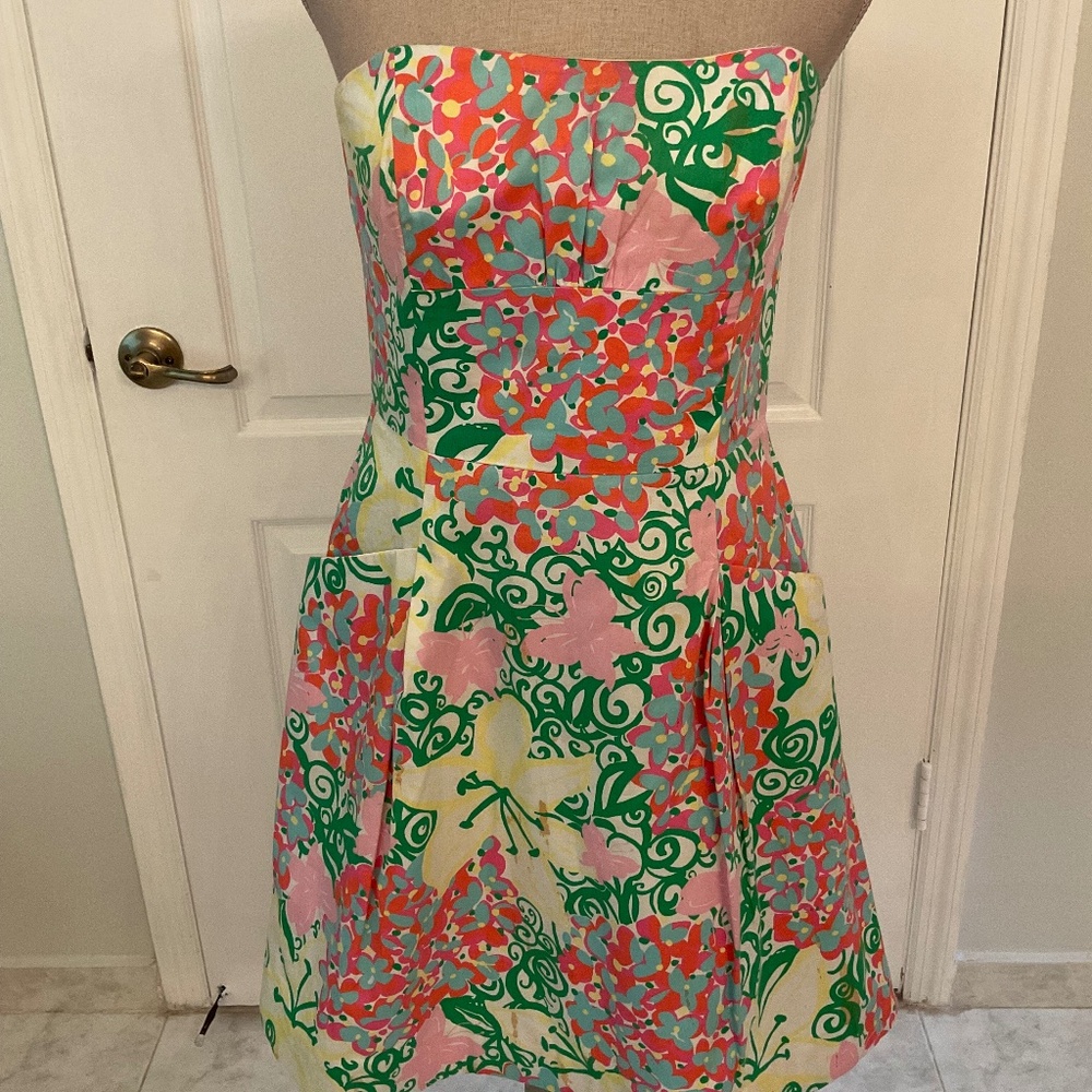 Lilly Pulitzer Floral Multi Color Strapless Dress Size 8 VINTAGE